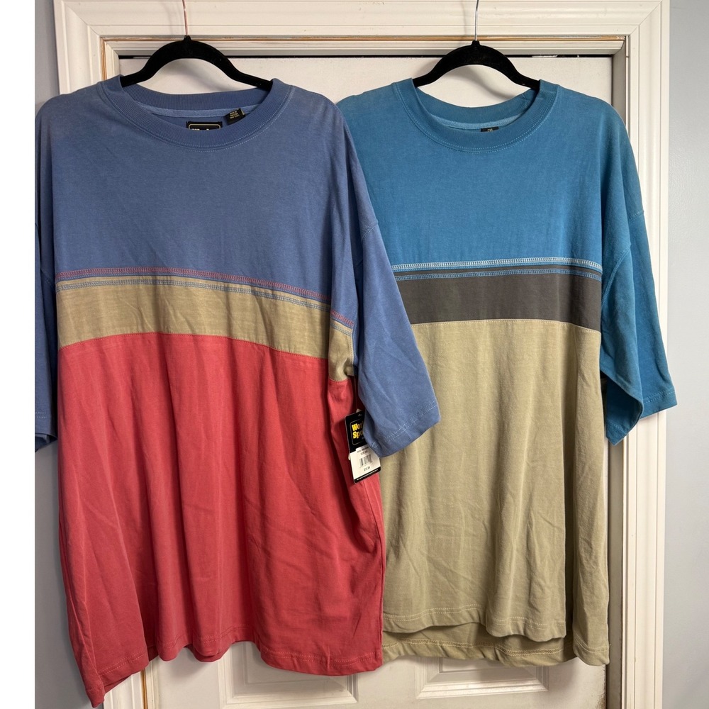 2 Work n Sport Mens 2XL Colorblock T-Shirts Blue Red Sun Faded Shoulders